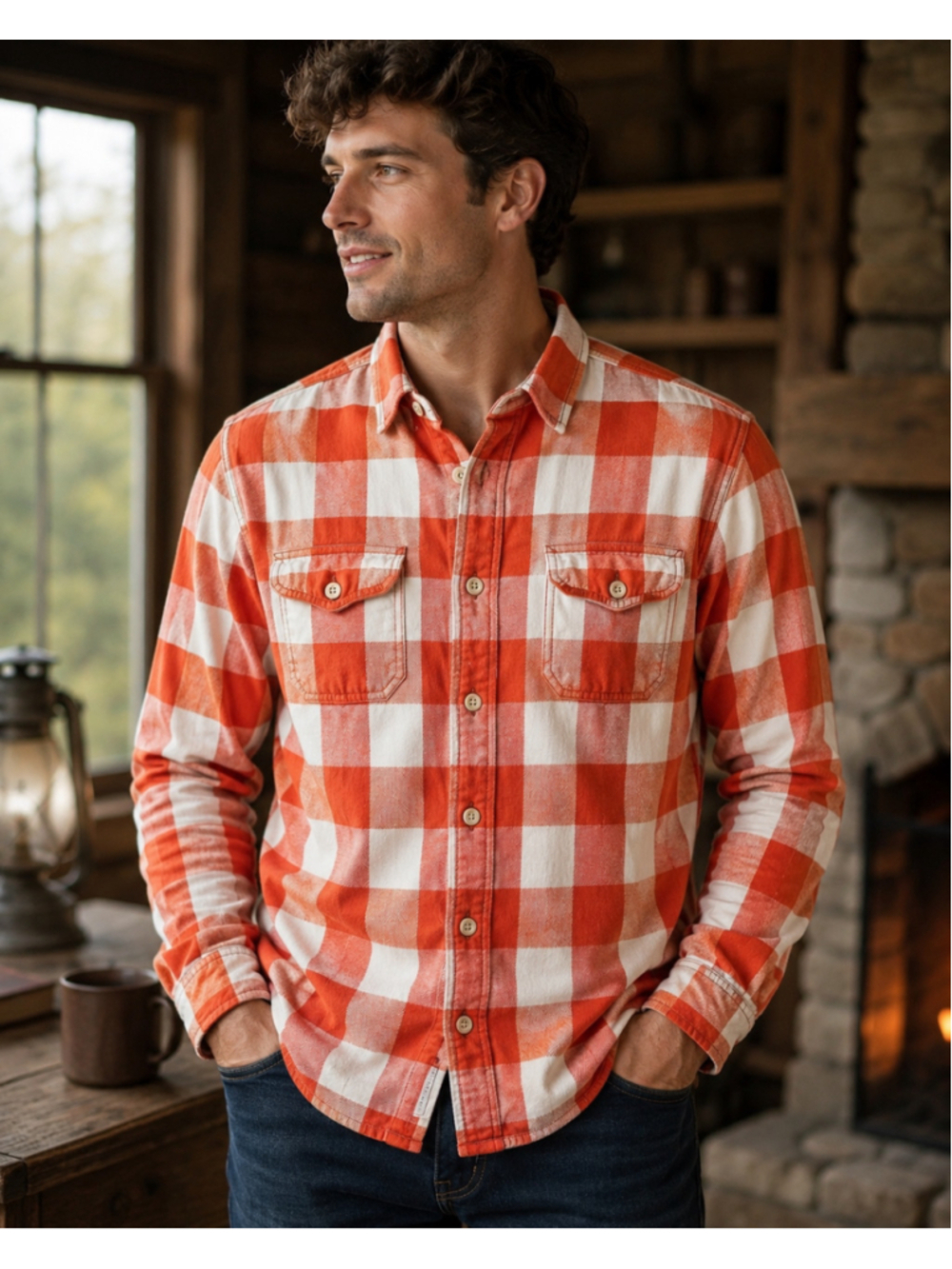 Men's American Eagle Plaid Button Down Shirt XS Orange White
